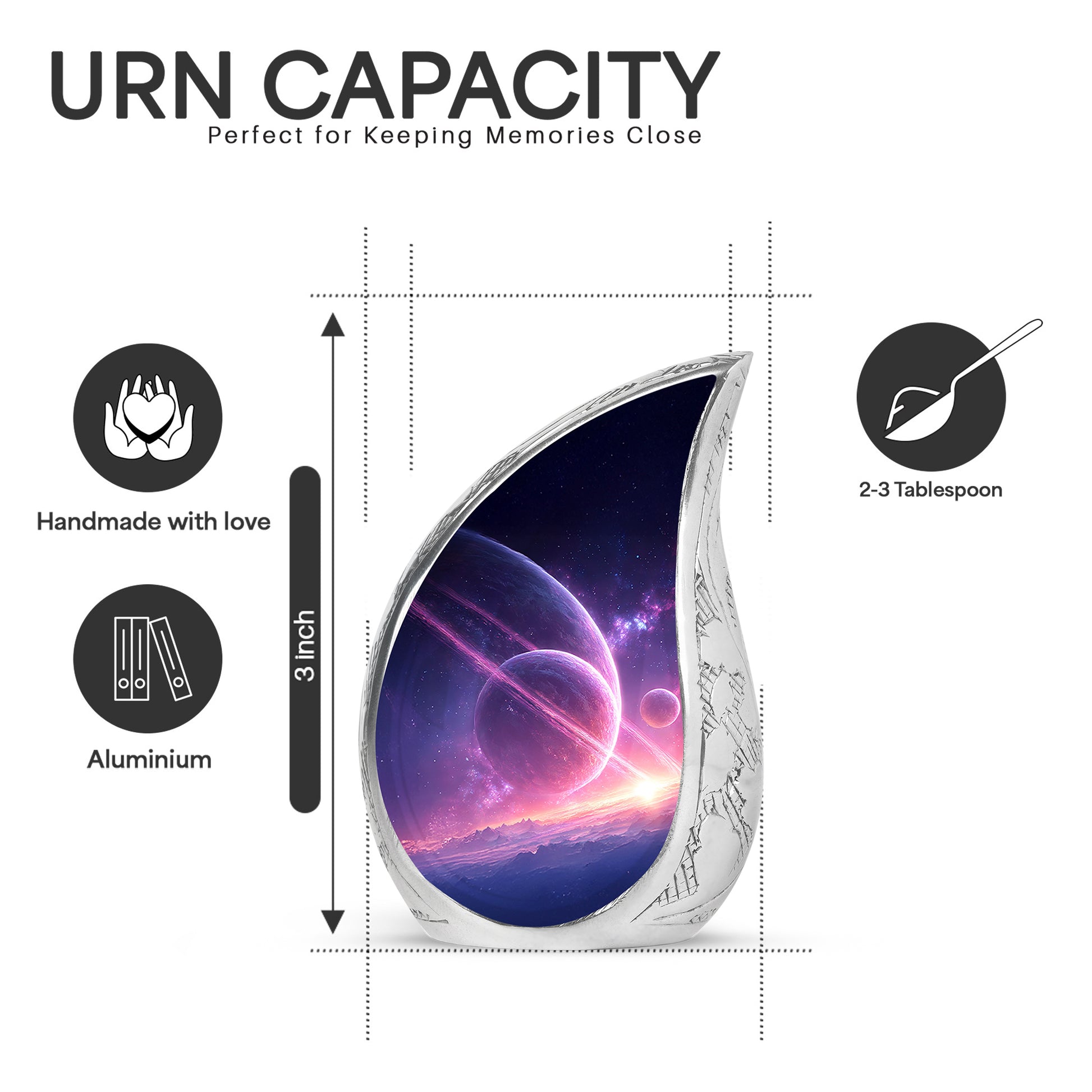 Soft Blue Galaxy Cremation Urn angled view of lid and engraved motif - smooth teardrop contour featuring galaxy art - mini keepsake memorial for portion of cremation ashes