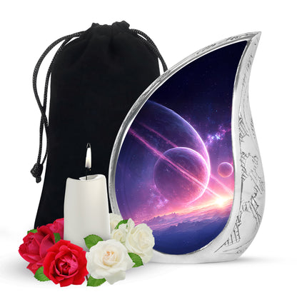 Cornflower Blue Galaxy Cremation Urn front view showing detailed design - graceful tear-shaped urn with galaxy motif - full-size 10 inch 200 cubic inch adult cremation urn