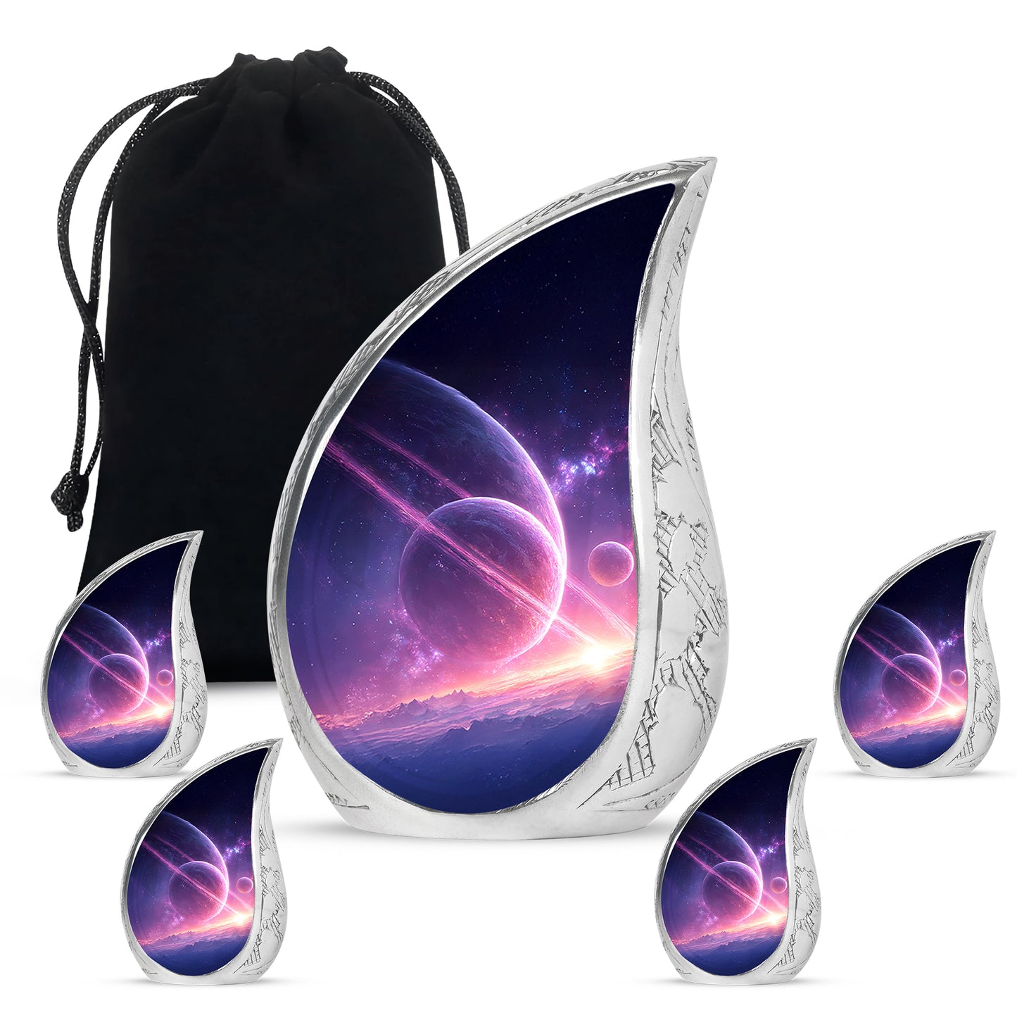 Soft Blue Galaxy Cremation Urn side profile showing urn shape - smooth teardrop contour featuring galaxy art - memorial set with one large and four small urns