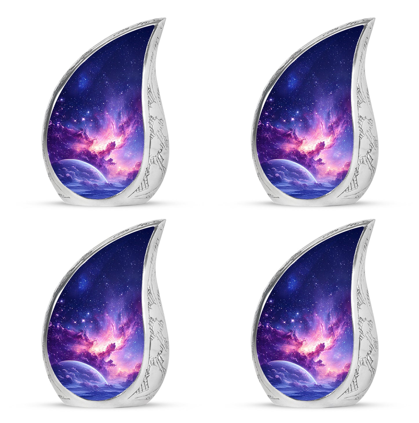 Dusty Blue Galaxy Cremation Urn close-up of engraving and surface detail - rounded teardrop galaxy design with delicate detail - 10 inch aluminum urn for cremated remains