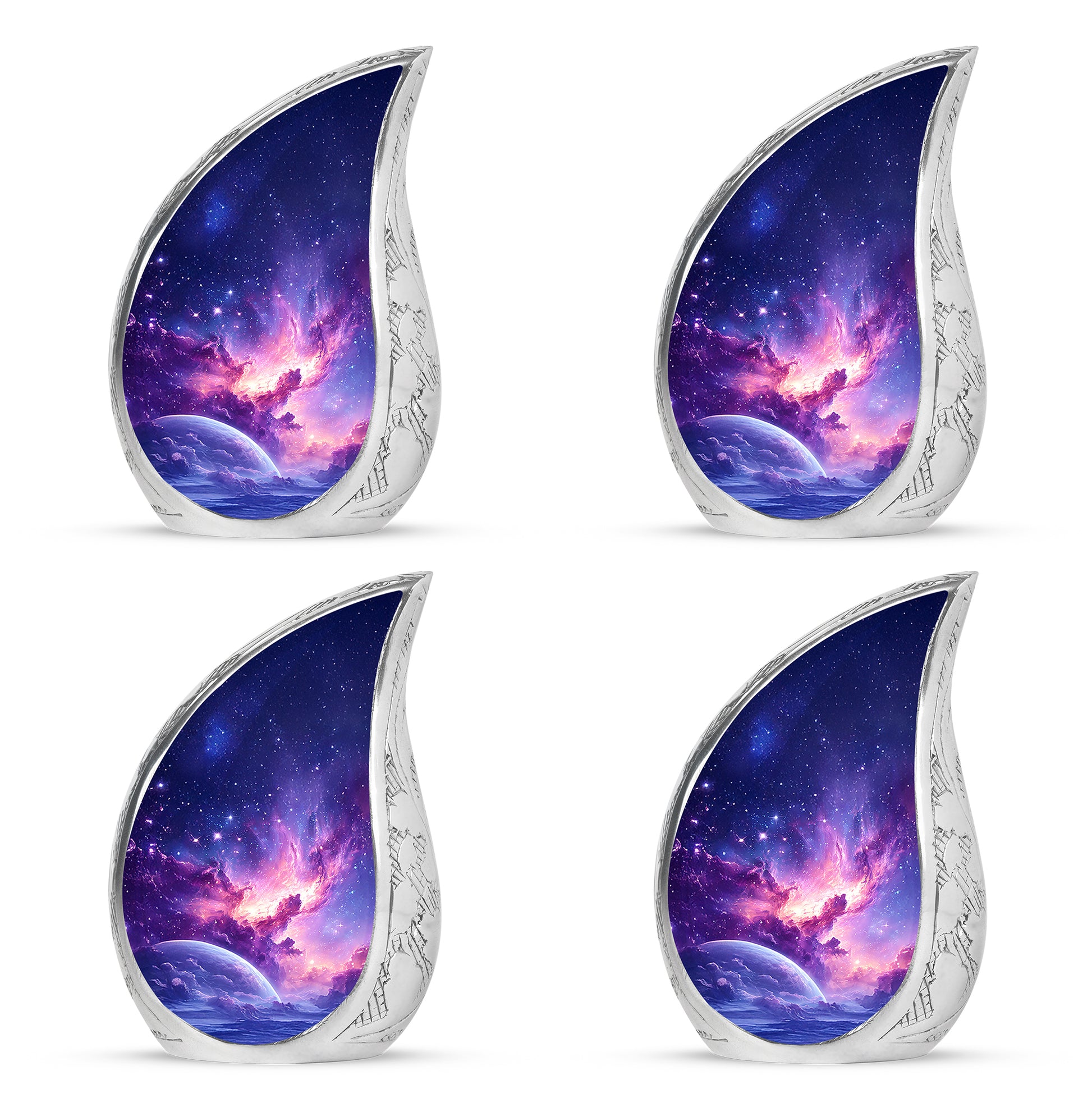 Dusty Blue Galaxy Cremation Urn close-up of engraving and surface detail - rounded teardrop galaxy design with delicate detail - 10 inch aluminum urn for cremated remains