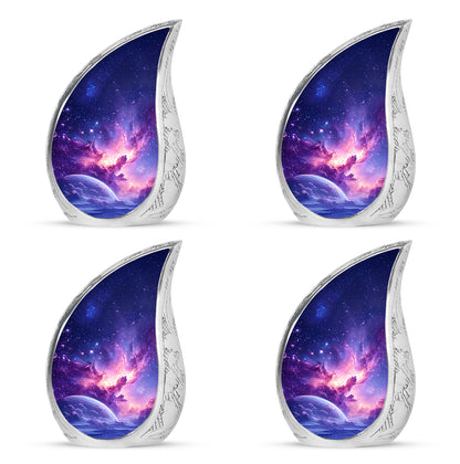 Dusty Blue Galaxy Cremation Urn close-up of engraving and surface detail - rounded teardrop galaxy design with delicate detail - 10 inch aluminum urn for cremated remains