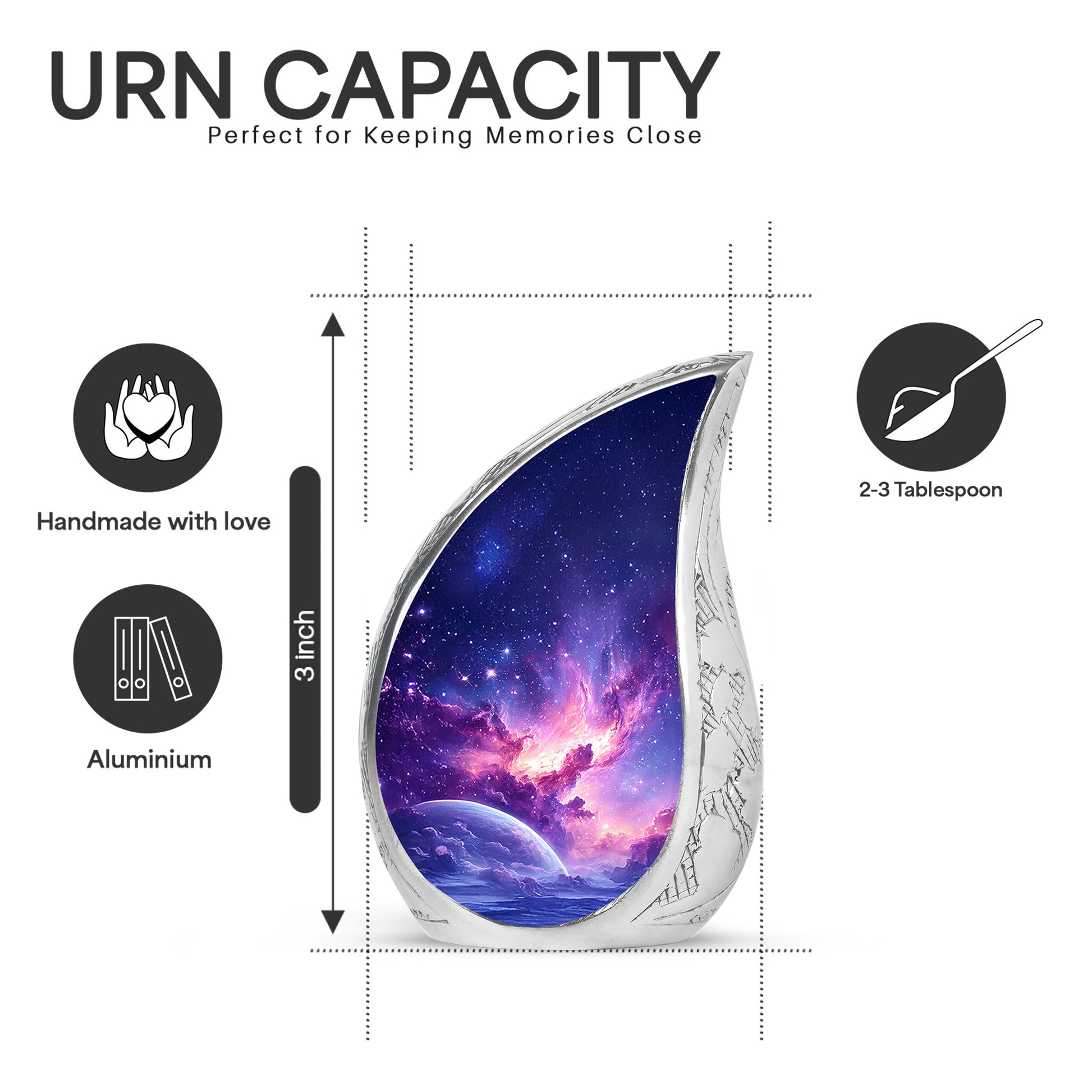 Powder Blue Galaxy Cremation Urn angled view of lid and engraved motif - flowing teardrop galaxy silhouette on curved aluminum - mini keepsake memorial for portion of cremation ashes