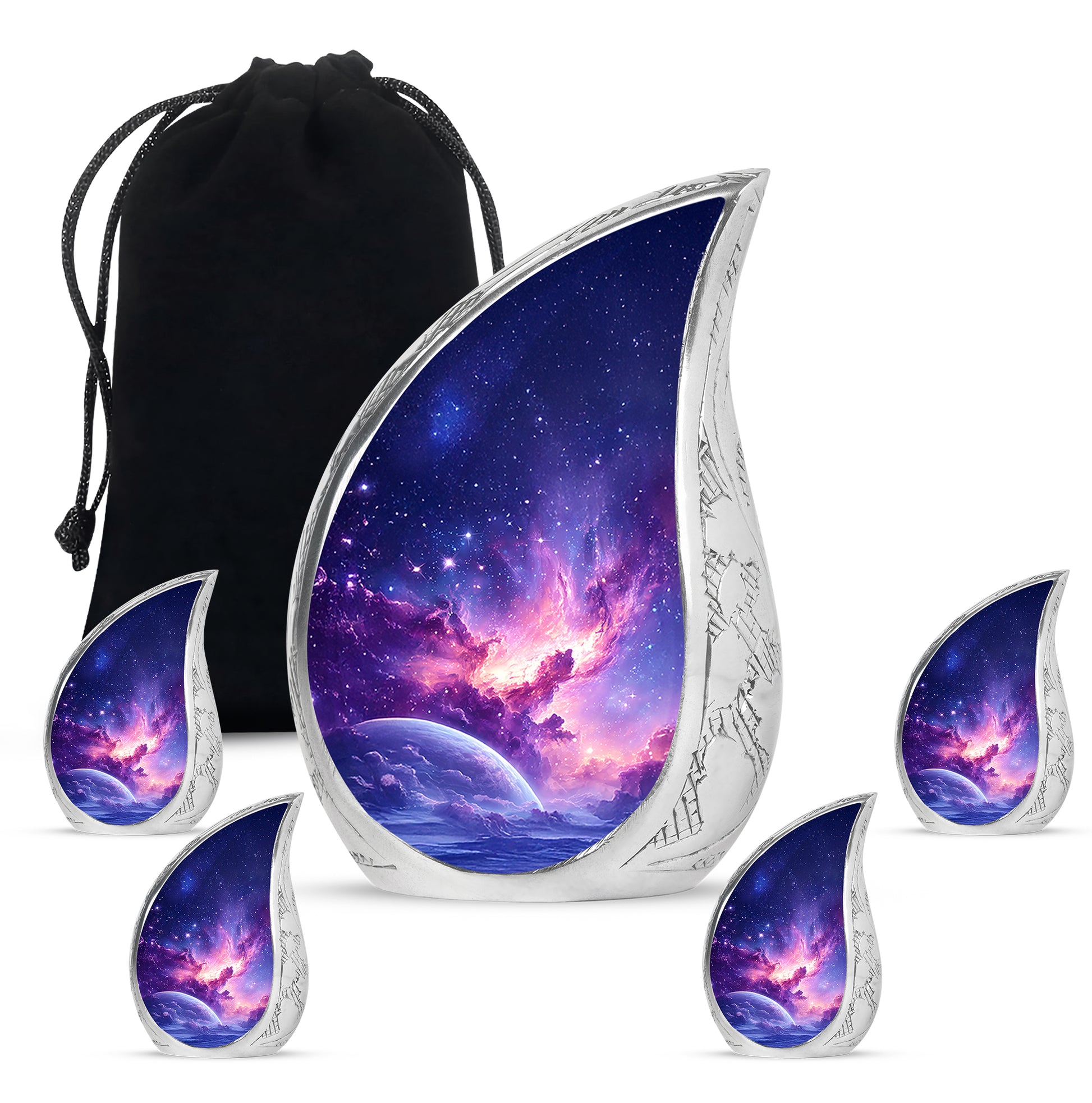 Cobalt Blue Galaxy Cremation Urn side profile showing urn shape - smooth teardrop contour featuring galaxy art - memorial set with one large and four small urns