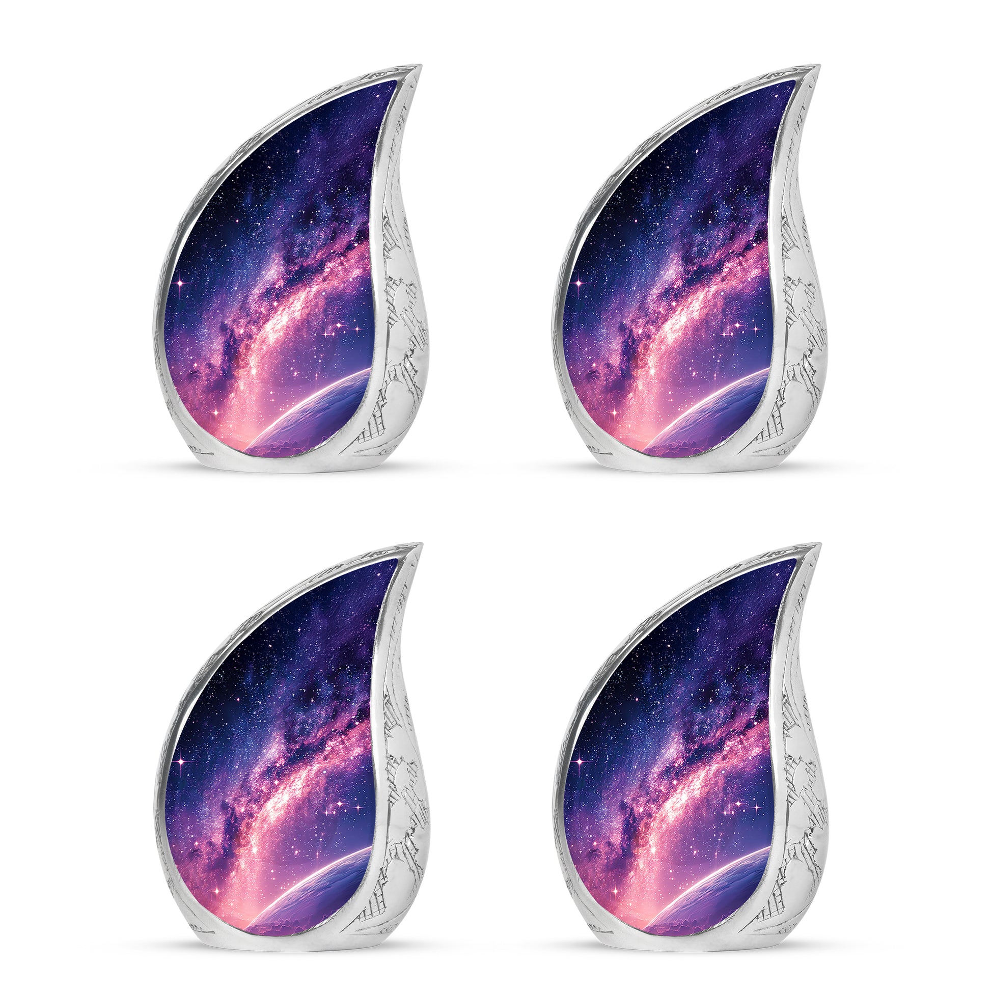 Calming Blue Galaxy Cremation Urn close-up of engraving and surface detail - smooth teardrop contour featuring galaxy art - 10 inch aluminum urn for cremated remains