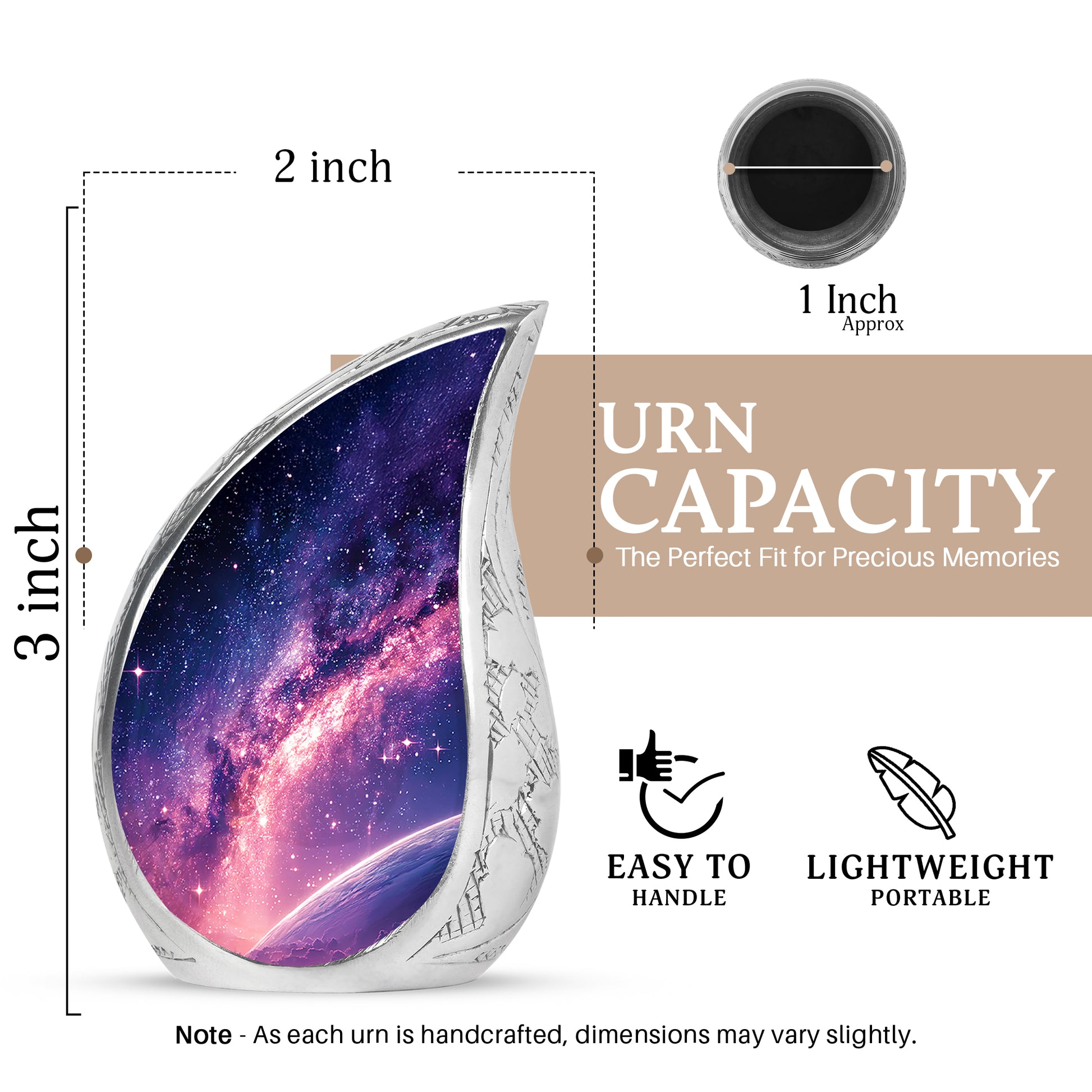 Cobalt Blue Galaxy Cremation Urn angled view of lid and engraved motif - smooth teardrop contour featuring galaxy art - mini keepsake memorial for portion of cremation ashes