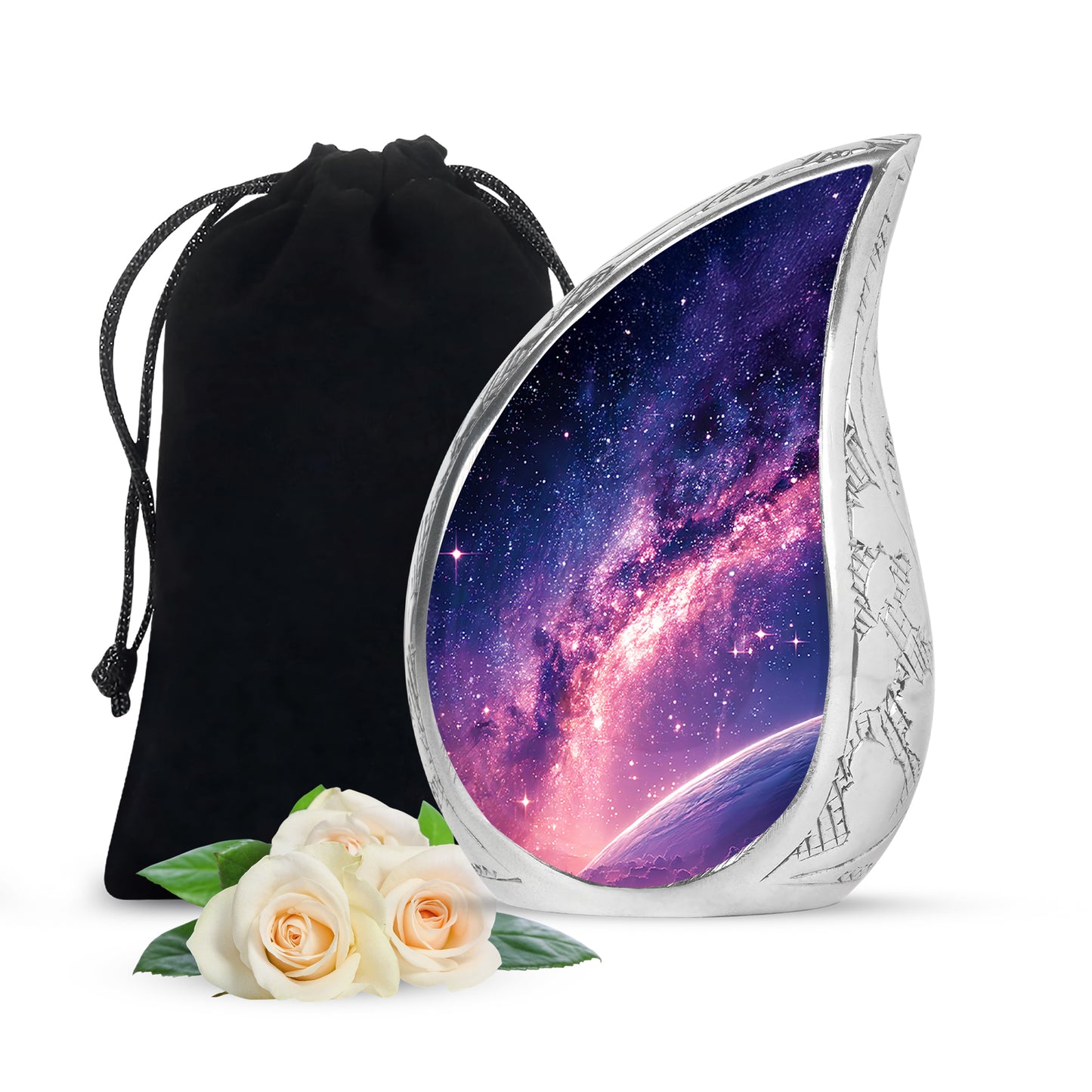 Dusty Blue Galaxy Cremation Urn front view showing detailed design - flowing teardrop galaxy silhouette on curved aluminum - full-size 10 inch 200 cubic inch adult cremation urn