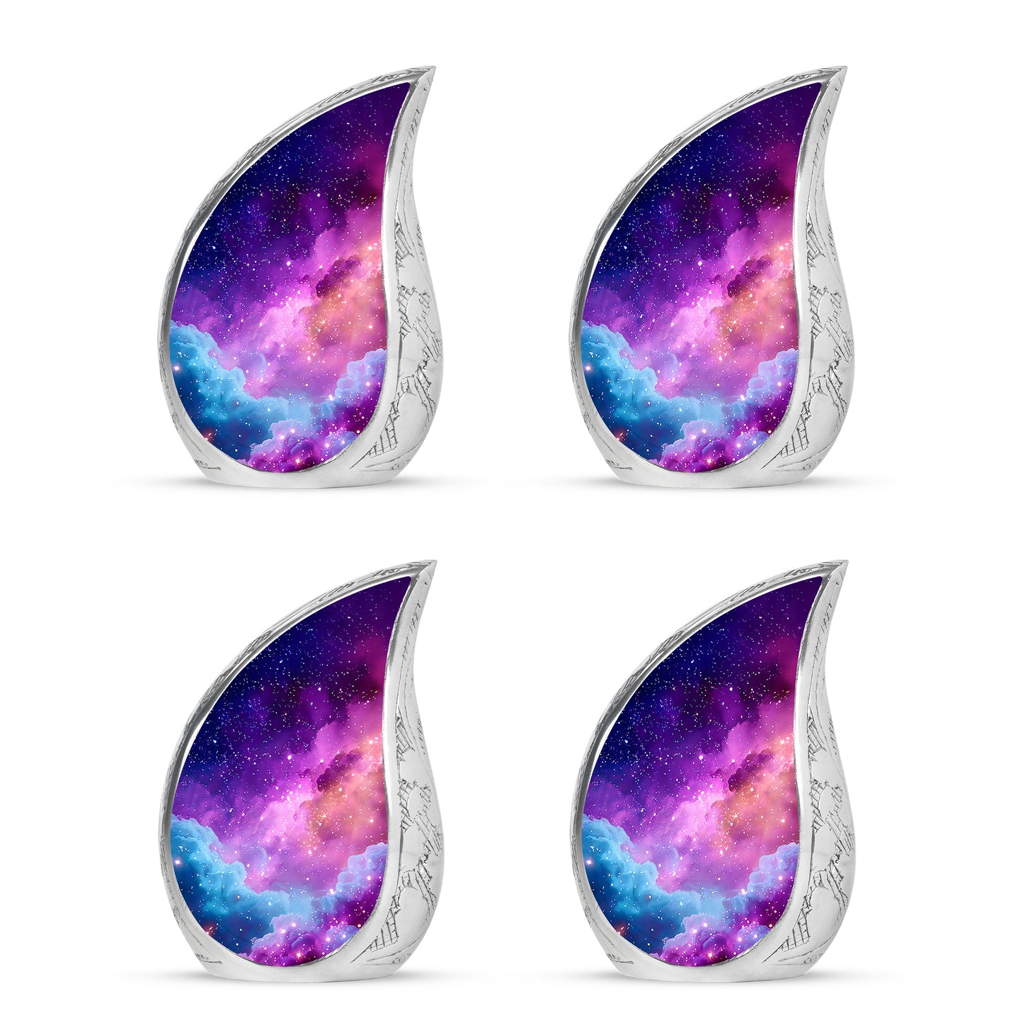 Cornflower Blue Galaxy Cremation Urn close-up of engraving and surface detail - graceful tear-shaped urn with galaxy motif - 10 inch aluminum urn for cremated remains