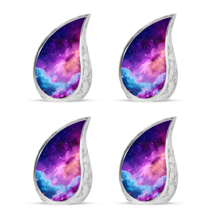 Cornflower Blue Galaxy Cremation Urn close-up of engraving and surface detail - graceful tear-shaped urn with galaxy motif - 10 inch aluminum urn for cremated remains