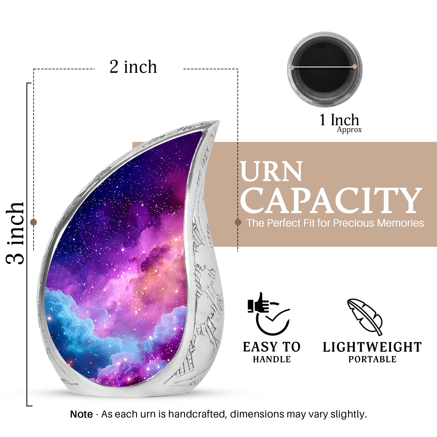 Calming Blue Galaxy Cremation Urn angled view of lid and engraved motif - smooth teardrop contour featuring galaxy art - mini keepsake memorial for portion of cremation ashes