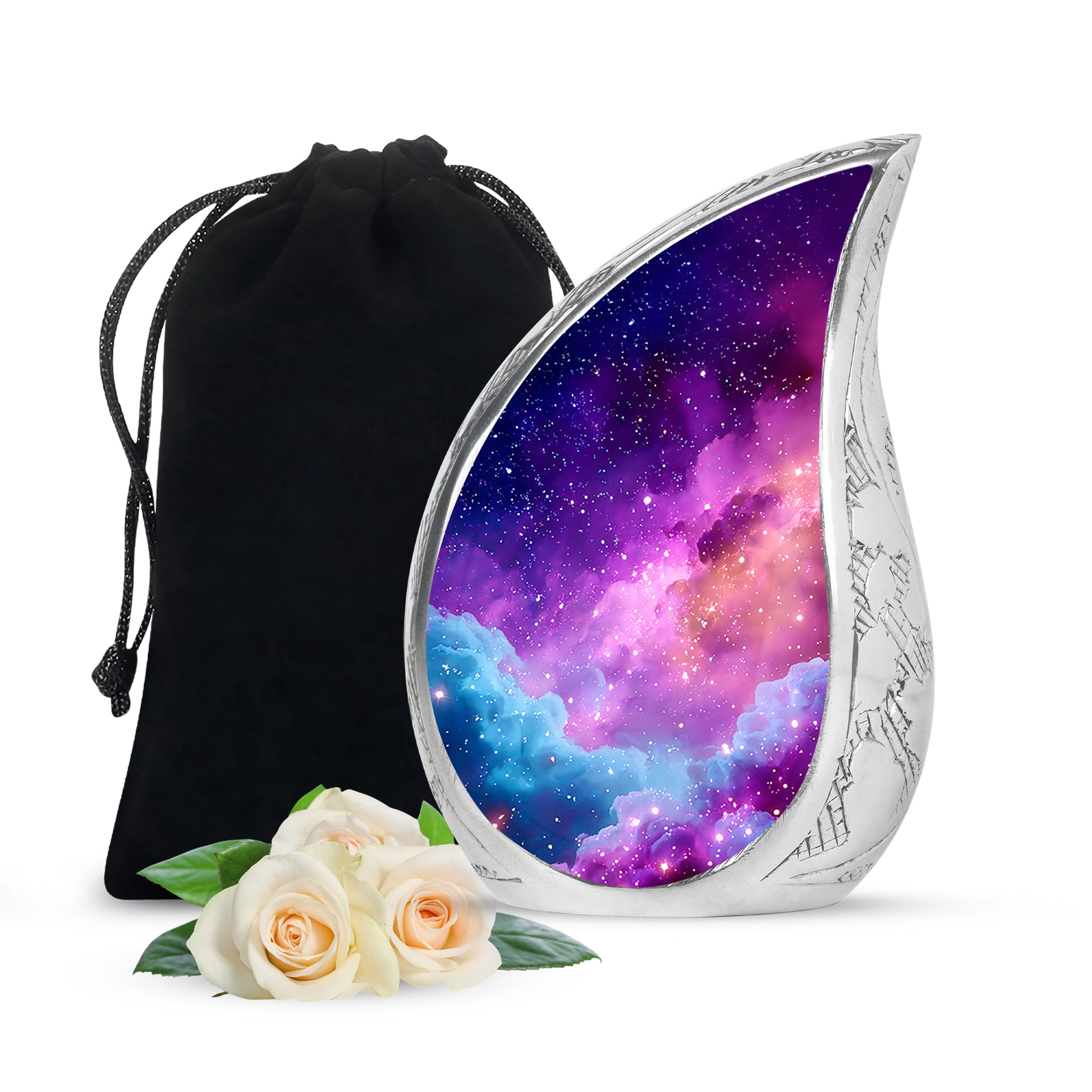 Slate Blue Galaxy Cremation Urn front view showing detailed design - flowing teardrop galaxy silhouette on curved aluminum - full-size 10 inch 200 cubic inch adult cremation urn