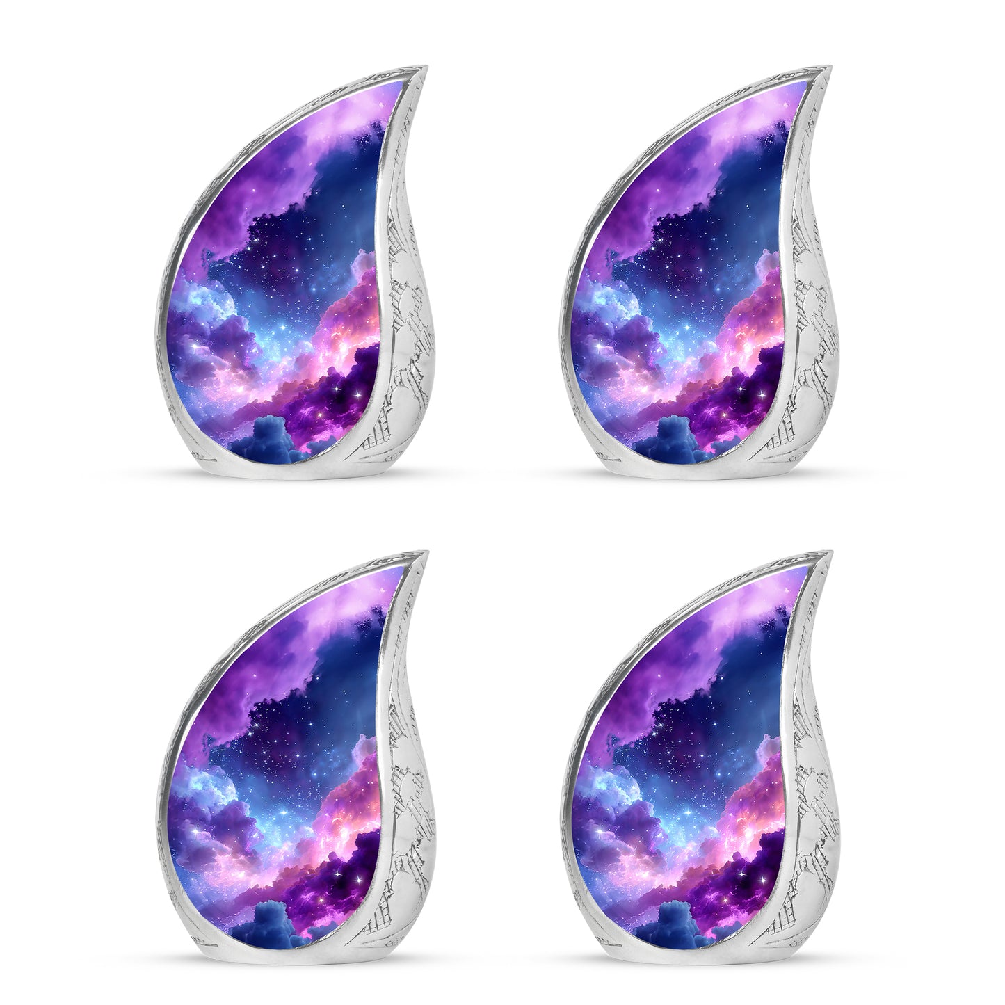 Pastel Blue Galaxy Cremation Urn close-up of engraving and surface detail - flowing teardrop galaxy silhouette on curved aluminum - 10 inch aluminum urn for cremated remains