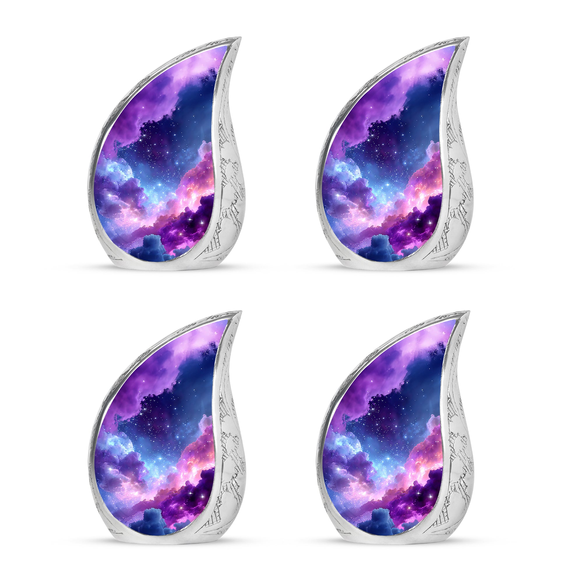 Pastel Blue Galaxy Cremation Urn close-up of engraving and surface detail - flowing teardrop galaxy silhouette on curved aluminum - 10 inch aluminum urn for cremated remains