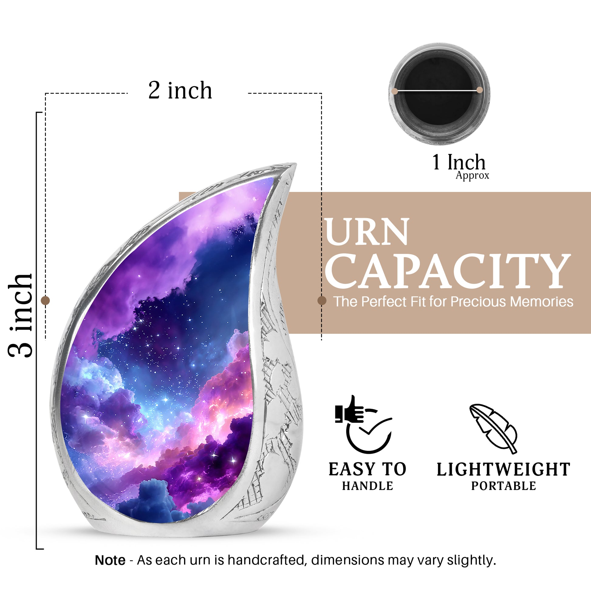 Calming Blue Galaxy Cremation Urn angled view of lid and engraved motif - smooth teardrop contour featuring galaxy art - mini keepsake memorial for portion of cremation ashes