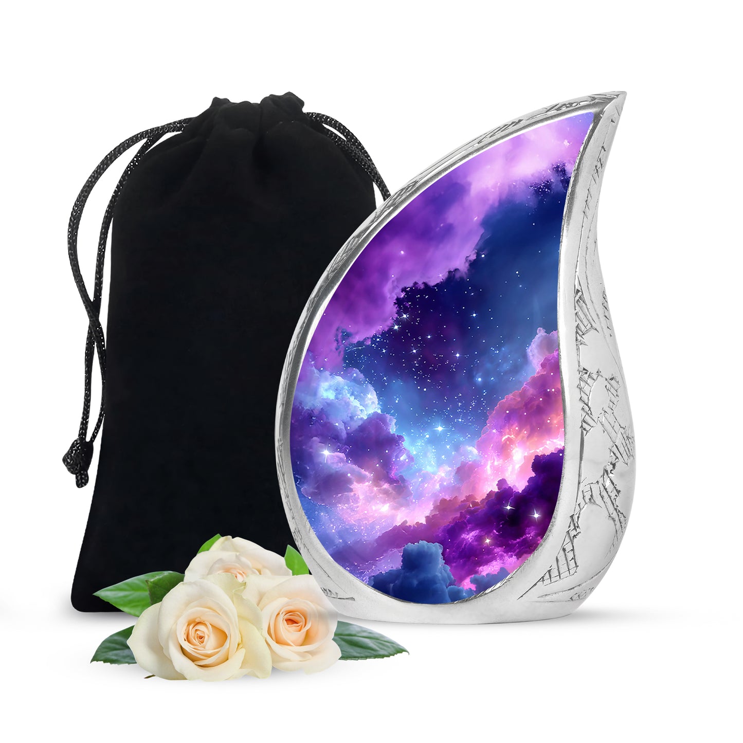 Sky Blue Galaxy Cremation Urn front view showing detailed design - flowing teardrop galaxy silhouette on curved aluminum - full-size 10 inch 200 cubic inch adult cremation urn