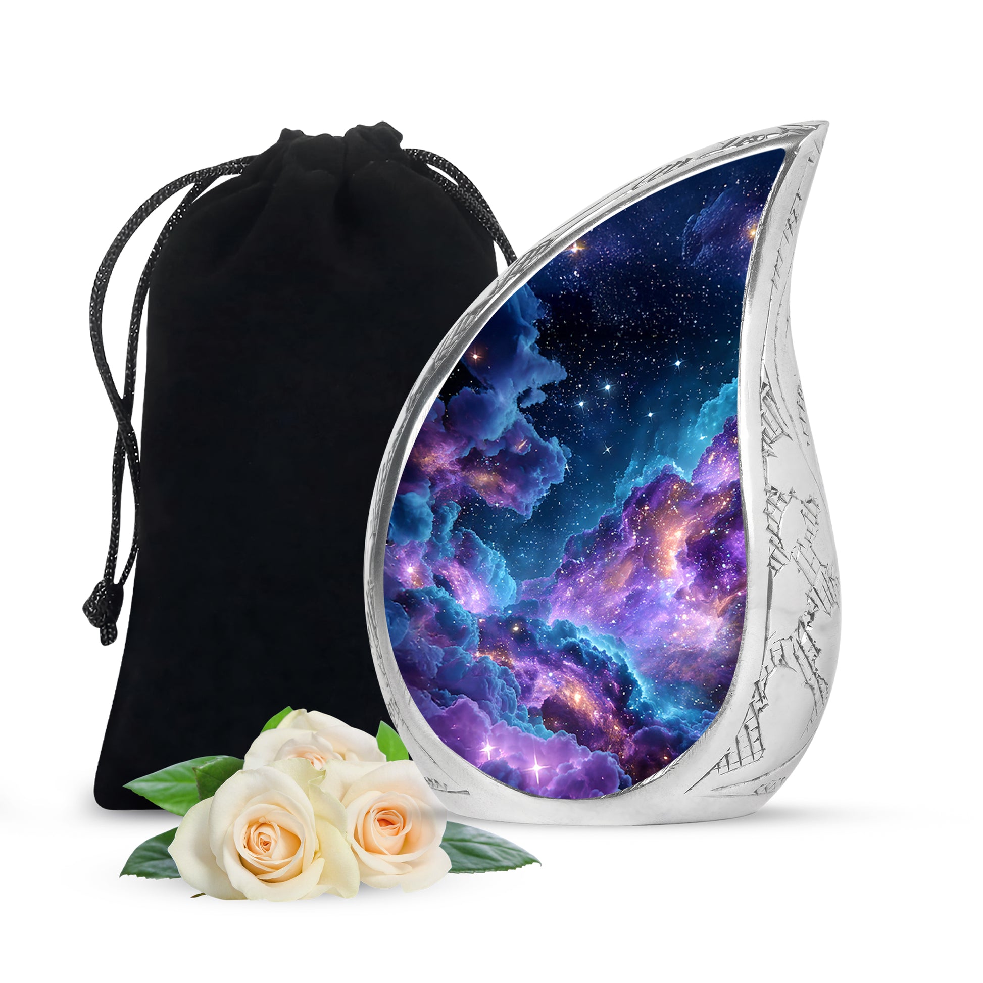 Twilight Blue Galaxy Cremation Urn front view showing detailed design - graceful tear-shaped urn with galaxy motif - full-size 10 inch 200 cubic inch adult cremation urn