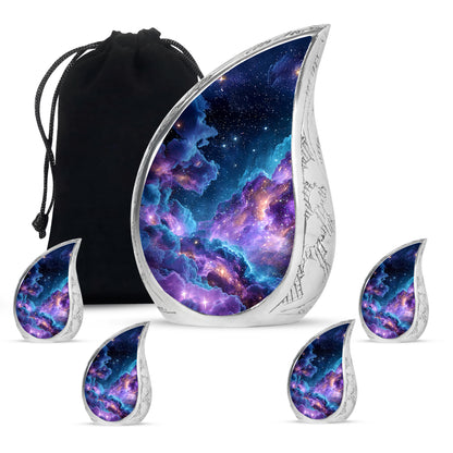 Soft Blue Galaxy Cremation Urn side profile showing urn shape - graceful tear-shaped urn with galaxy motif - memorial set with one large and four small urns