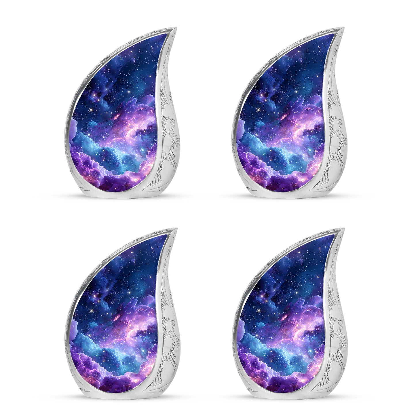 Soft Blue Galaxy Cremation Urn close-up of engraving and surface detail - graceful tear-shaped urn with galaxy motif - 10 inch aluminum urn for cremated remains