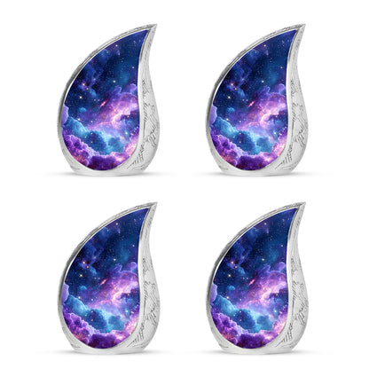 Soft Blue Galaxy Cremation Urn close-up of engraving and surface detail - graceful tear-shaped urn with galaxy motif - 10 inch aluminum urn for cremated remains