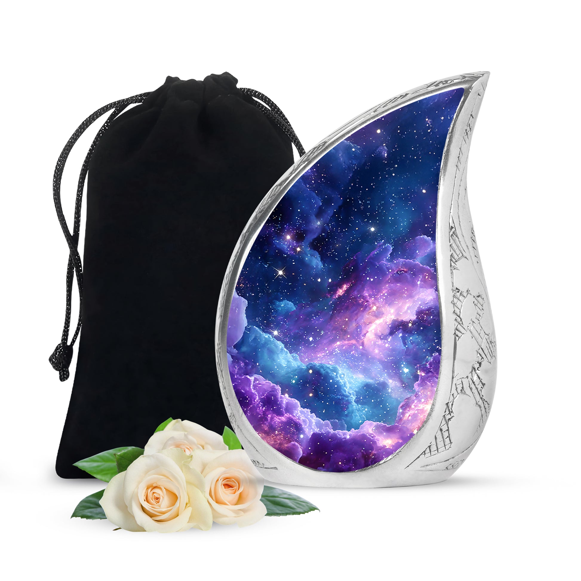 Calming Blue Galaxy Cremation Urn front view showing detailed design - smooth teardrop contour featuring galaxy art - full-size 10 inch 200 cubic inch adult cremation urn