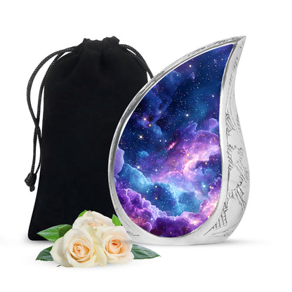 Calming Blue Galaxy Cremation Urn front view showing detailed design - smooth teardrop contour featuring galaxy art - full-size 10 inch 200 cubic inch adult cremation urn