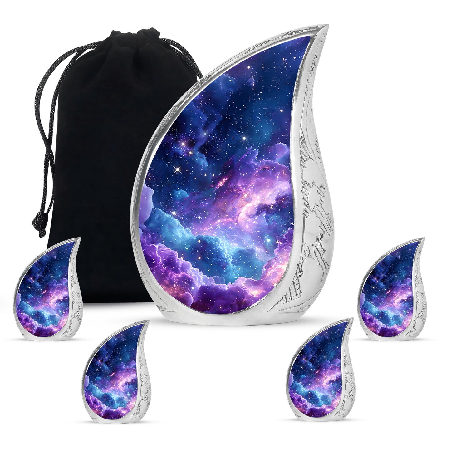 Dusty Blue Galaxy Cremation Urn side profile showing urn shape - rounded teardrop galaxy design with delicate detail - memorial set with one large and four small urns