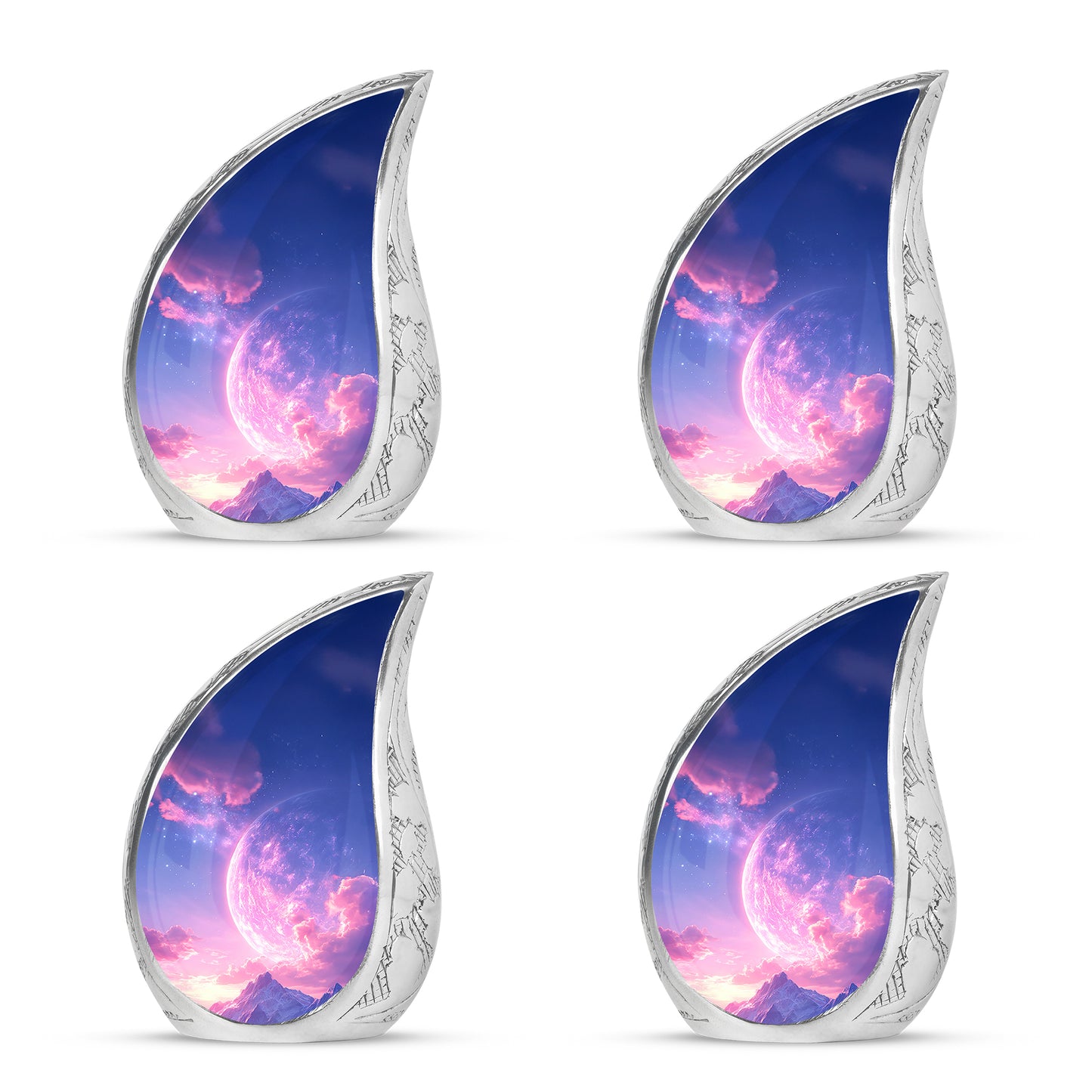 Twilight Blue Galaxy Cremation Urn close-up of engraving and surface detail - graceful tear-shaped urn with galaxy motif - 10 inch aluminum urn for cremated remains