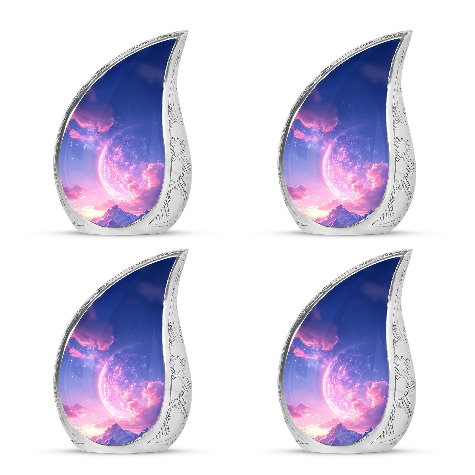 Twilight Blue Galaxy Cremation Urn close-up of engraving and surface detail - graceful tear-shaped urn with galaxy motif - 10 inch aluminum urn for cremated remains