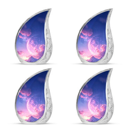Twilight Blue Galaxy Cremation Urn close-up of engraving and surface detail - graceful tear-shaped urn with galaxy motif - 10 inch aluminum urn for cremated remains