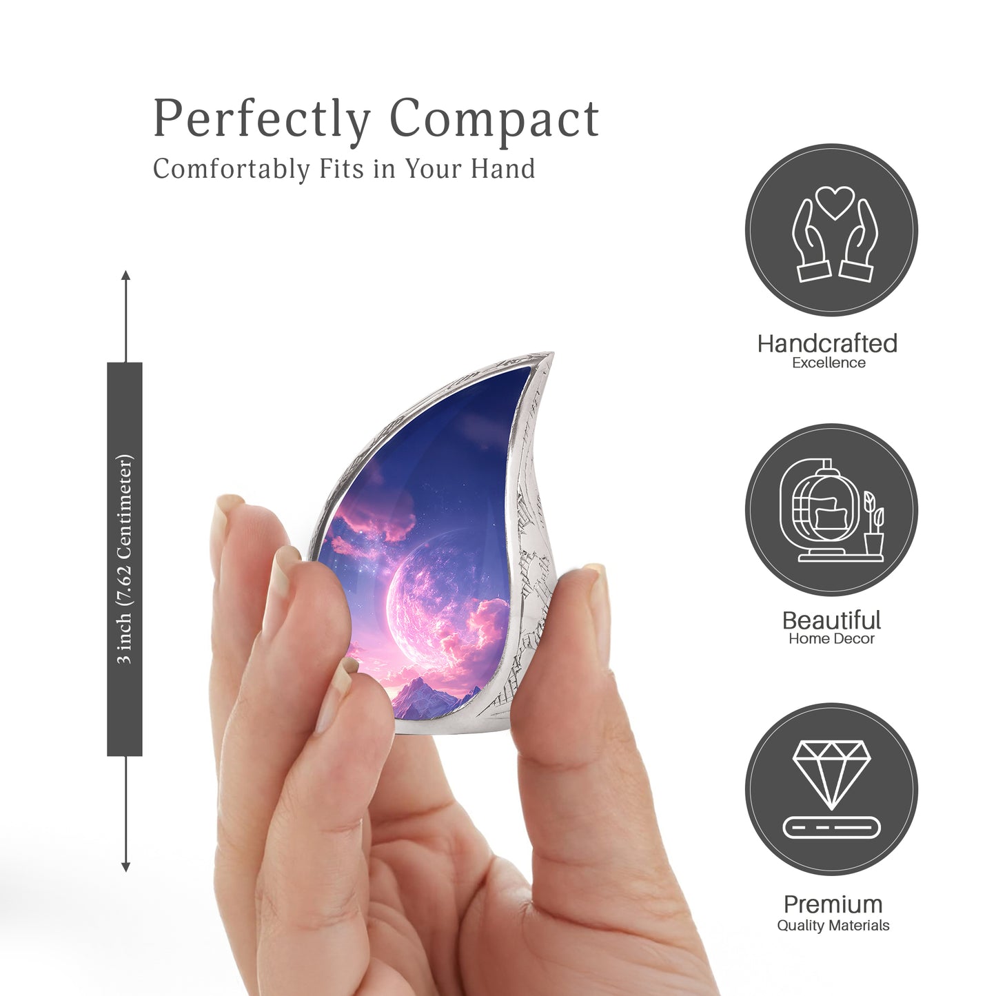 Pastel Blue Galaxy Cremation Urn angled view of lid and engraved motif - rounded teardrop galaxy design with delicate detail - mini keepsake memorial for portion of cremation ashes