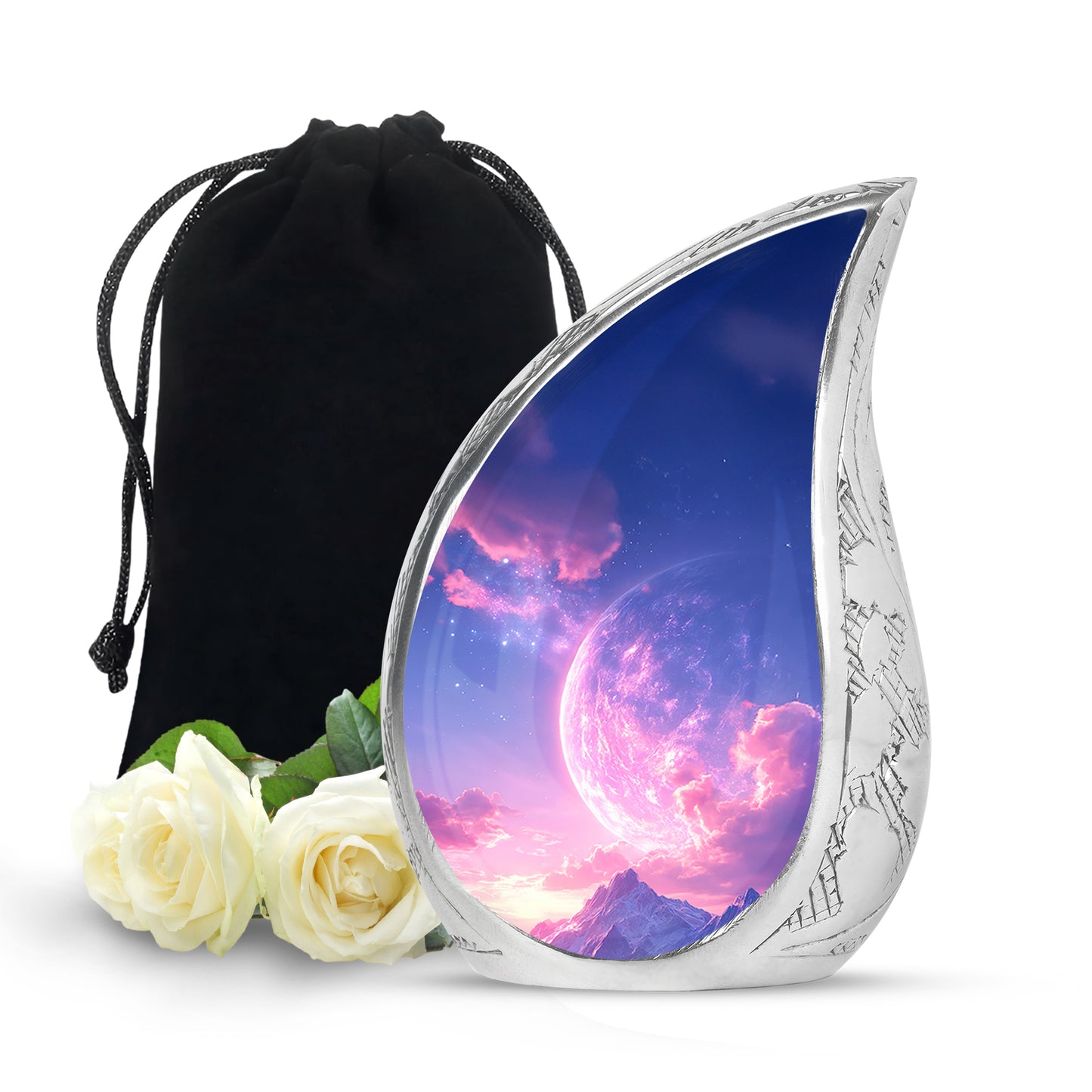 Slate Blue Galaxy Cremation Urn front view showing detailed design - flowing teardrop galaxy silhouette on curved aluminum - full-size 10 inch 200 cubic inch adult cremation urn