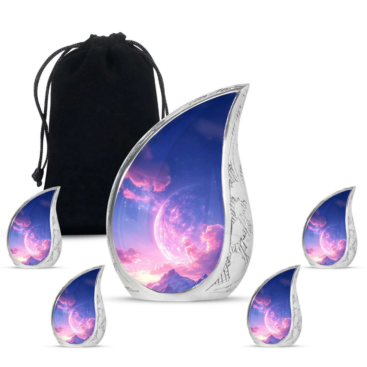 Cornflower Blue Galaxy Cremation Urn side profile showing urn shape - graceful tear-shaped urn with galaxy motif - memorial set with one large and four small urns