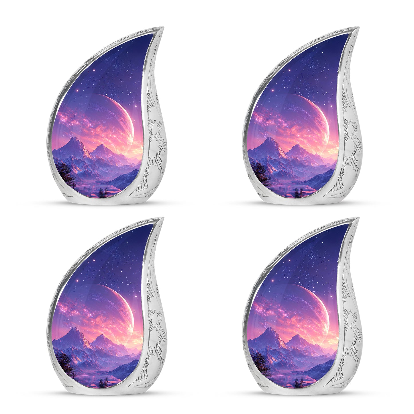 Navy Blue Galaxy Cremation Urn close-up of engraving and surface detail - rounded teardrop galaxy design with delicate detail - 10 inch aluminum urn for cremated remains