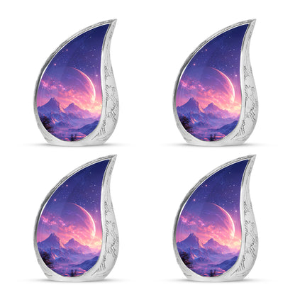 Navy Blue Galaxy Cremation Urn close-up of engraving and surface detail - rounded teardrop galaxy design with delicate detail - 10 inch aluminum urn for cremated remains