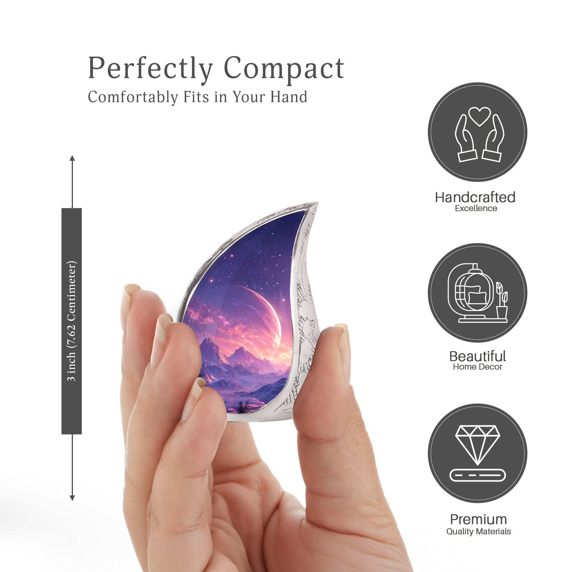 Pastel Blue Galaxy Cremation Urn angled view of lid and engraved motif - flowing teardrop galaxy silhouette on curved aluminum - mini keepsake memorial for portion of cremation ashes