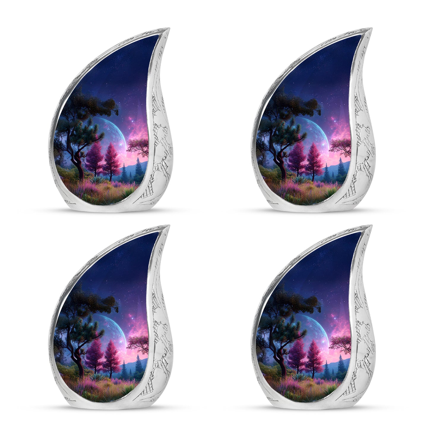 Azure Galaxy Cremation Urn close-up of engraving and surface detail - rounded teardrop galaxy design with delicate detail - 10 inch aluminum urn for cremated remains