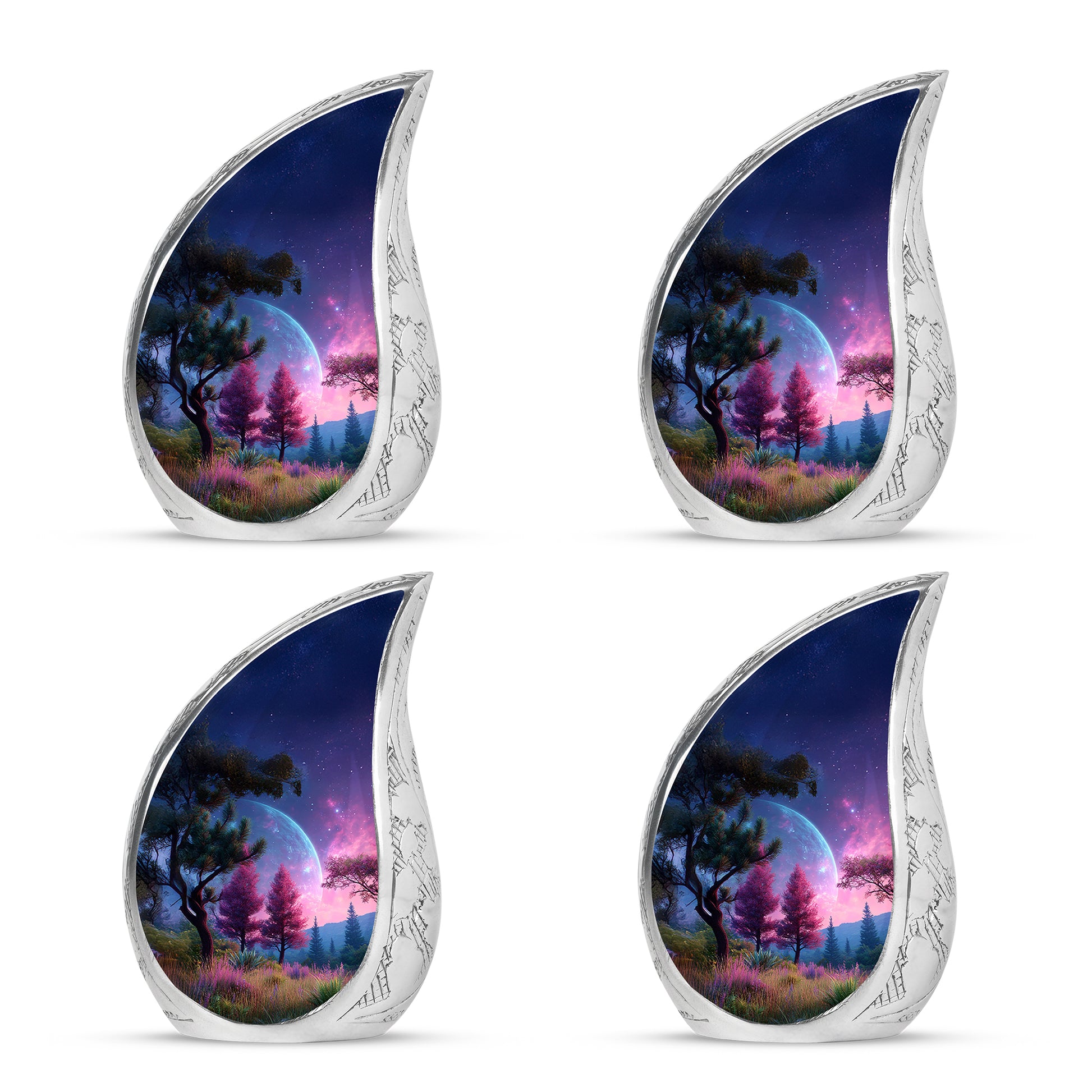 Azure Galaxy Cremation Urn close-up of engraving and surface detail - rounded teardrop galaxy design with delicate detail - 10 inch aluminum urn for cremated remains