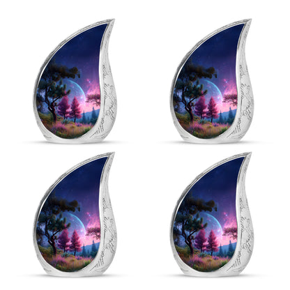 Azure Galaxy Cremation Urn close-up of engraving and surface detail - rounded teardrop galaxy design with delicate detail - 10 inch aluminum urn for cremated remains
