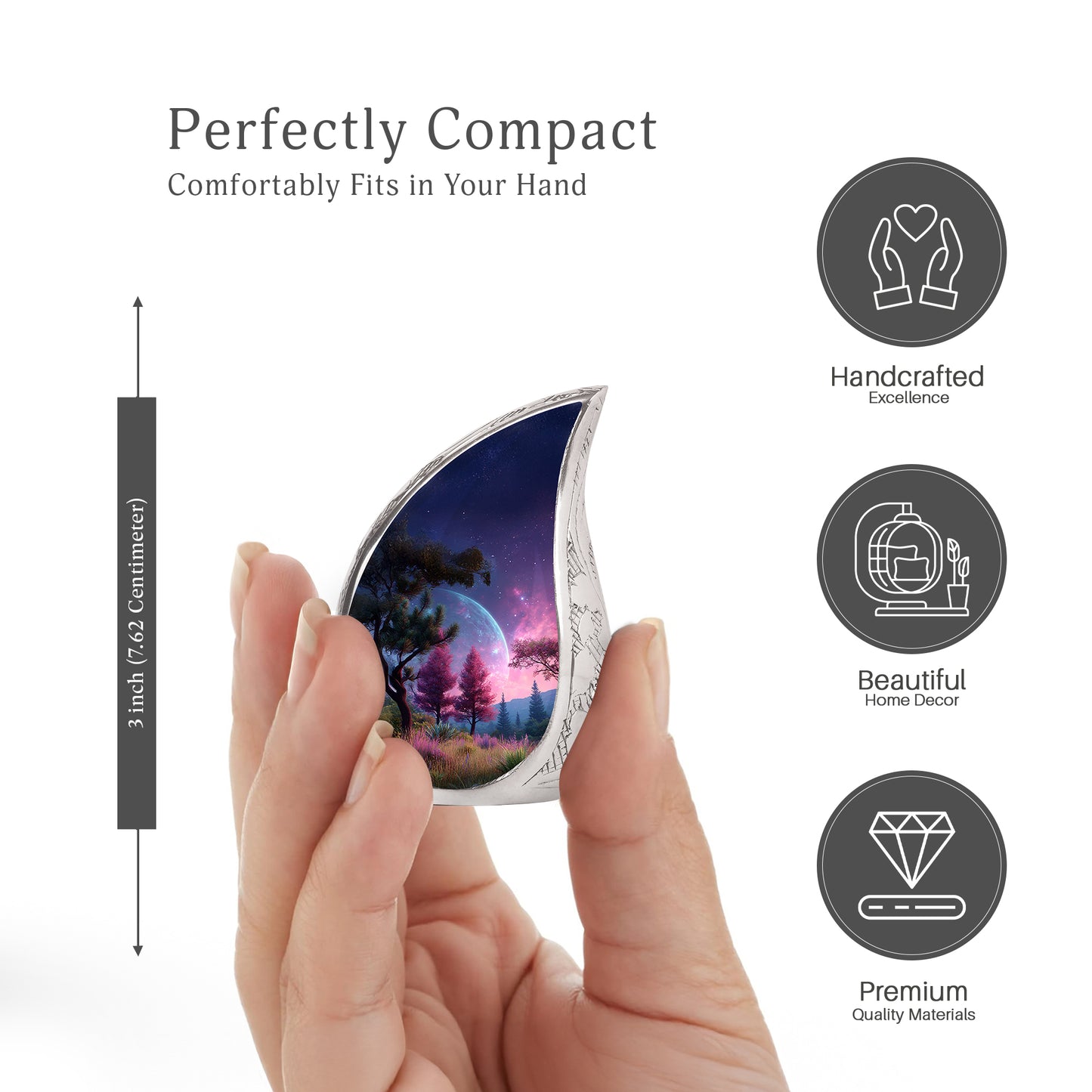 Slate Blue Galaxy Cremation Urn angled view of lid and engraved motif - flowing teardrop galaxy silhouette on curved aluminum - mini keepsake memorial for portion of cremation ashes