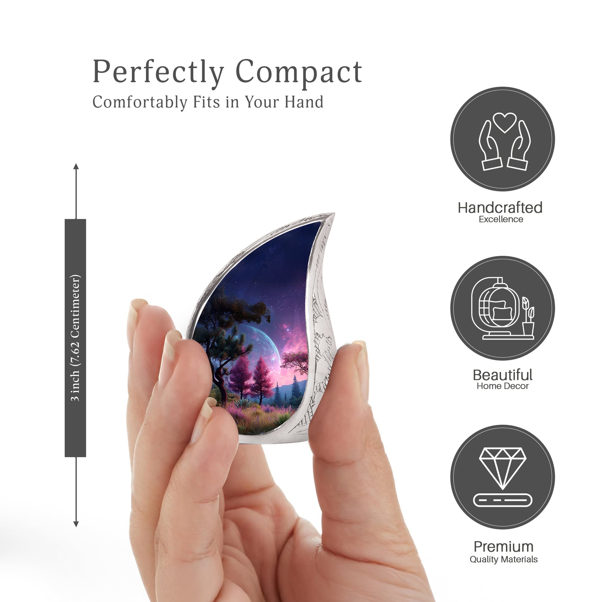 Slate Blue Galaxy Cremation Urn angled view of lid and engraved motif - flowing teardrop galaxy silhouette on curved aluminum - mini keepsake memorial for portion of cremation ashes