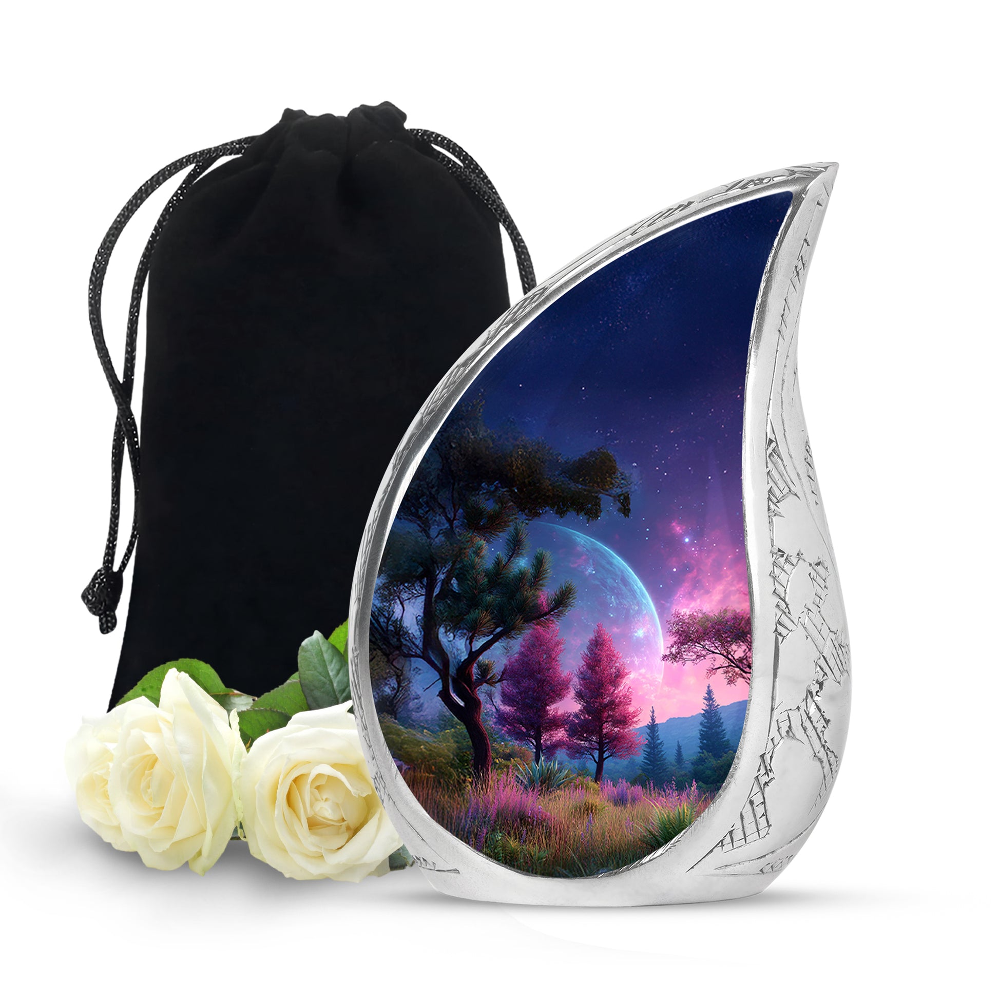 Soft Blue Galaxy Cremation Urn front view showing detailed design - graceful tear-shaped urn with galaxy motif - full-size 10 inch 200 cubic inch adult cremation urn