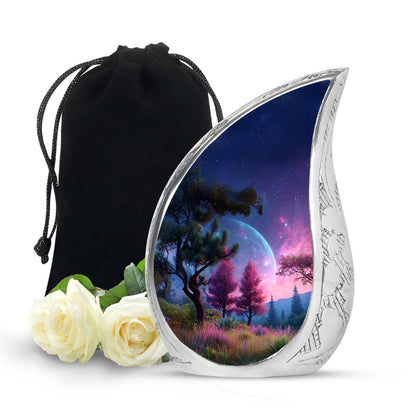 Soft Blue Galaxy Cremation Urn front view showing detailed design - graceful tear-shaped urn with galaxy motif - full-size 10 inch 200 cubic inch adult cremation urn