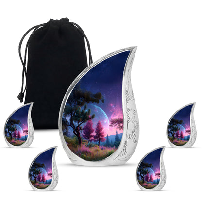 Calming Blue Galaxy Cremation Urn side profile showing urn shape - smooth teardrop contour featuring galaxy art - memorial set with one large and four small urns