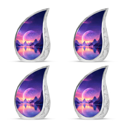 Icy Blue Galaxy Cremation Urn close-up of engraving and surface detail - flowing teardrop galaxy silhouette on curved aluminum - 10 inch aluminum urn for cremated remains
