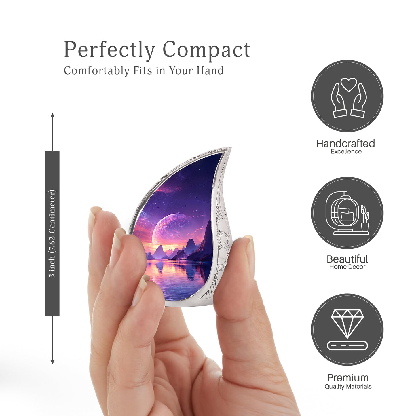 Navy Blue Galaxy Cremation Urn angled view of lid and engraved motif - rounded teardrop galaxy design with delicate detail - mini keepsake memorial for portion of cremation ashes
