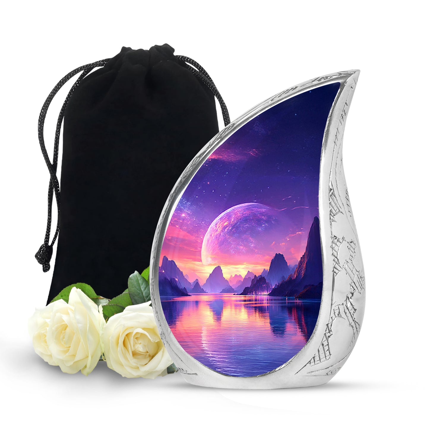 Dusty Blue Galaxy Cremation Urn front view showing detailed design - rounded teardrop galaxy design with delicate detail - full-size 10 inch 200 cubic inch adult cremation urn