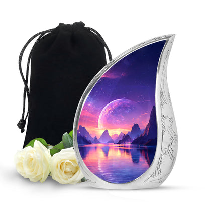 Dusty Blue Galaxy Cremation Urn front view showing detailed design - rounded teardrop galaxy design with delicate detail - full-size 10 inch 200 cubic inch adult cremation urn