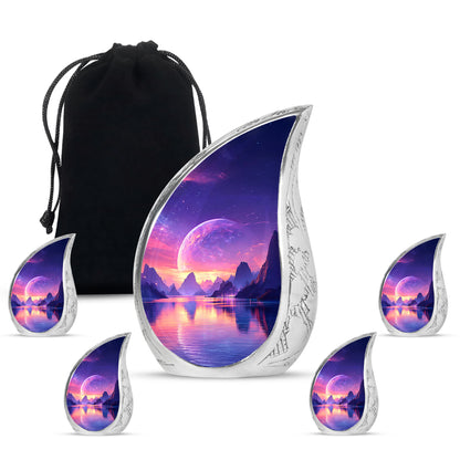 Slate Blue Galaxy Cremation Urn side profile showing urn shape - flowing teardrop galaxy silhouette on curved aluminum - memorial set with one large and four small urns
