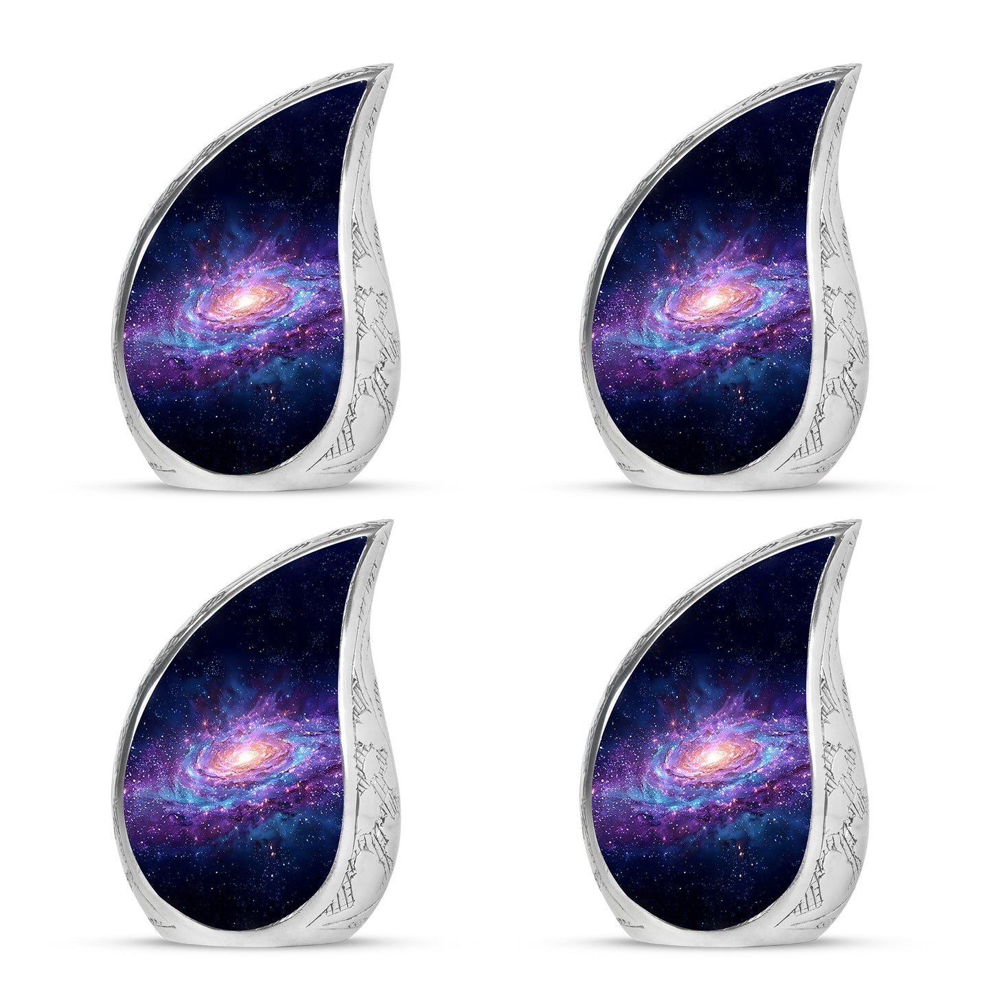 Cornflower Blue Galaxy Cremation Urn close-up of engraving and surface detail - graceful tear-shaped urn with galaxy motif - 10 inch aluminum urn for cremated remains