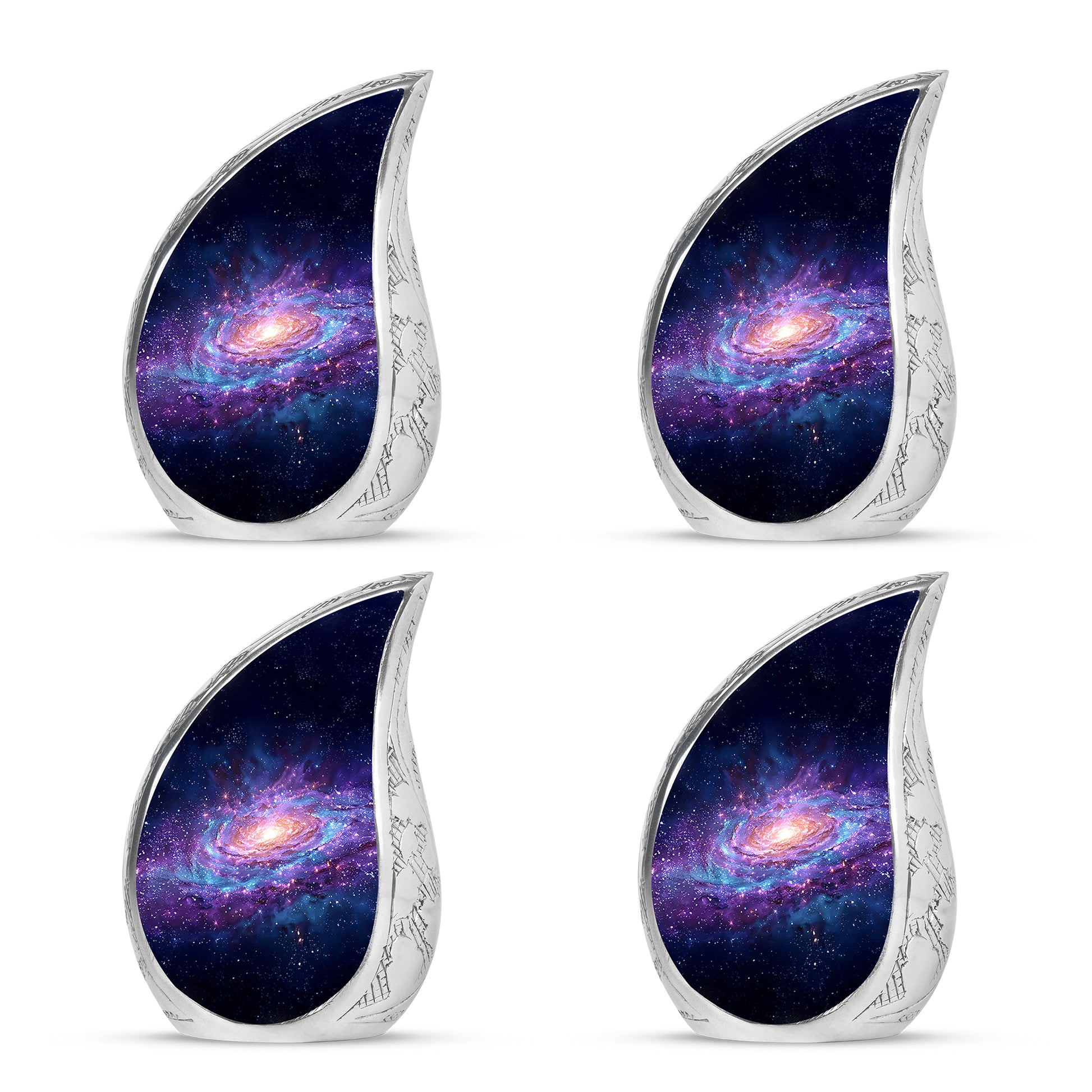 Cornflower Blue Galaxy Cremation Urn close-up of engraving and surface detail - graceful tear-shaped urn with galaxy motif - 10 inch aluminum urn for cremated remains